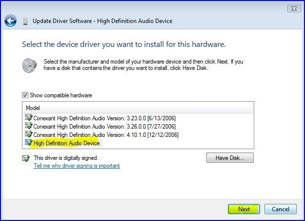 Go to Control Panel (classic View) Device manager,Audio devices right click your device, propertites, update driver and then follow my pics instructions.