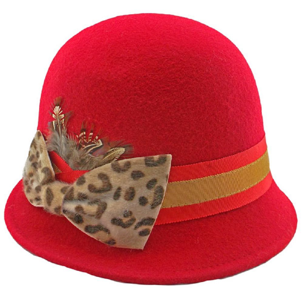 Wool Felt Vintage Style Cloche with Cheetah Bow Winter Warm Wooly Women