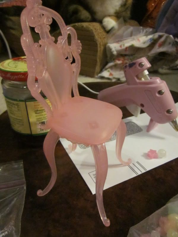 This particular style of Barbie chair is a frosted clear pink color. It came with the Cloud Kingdom Barbie Playset.