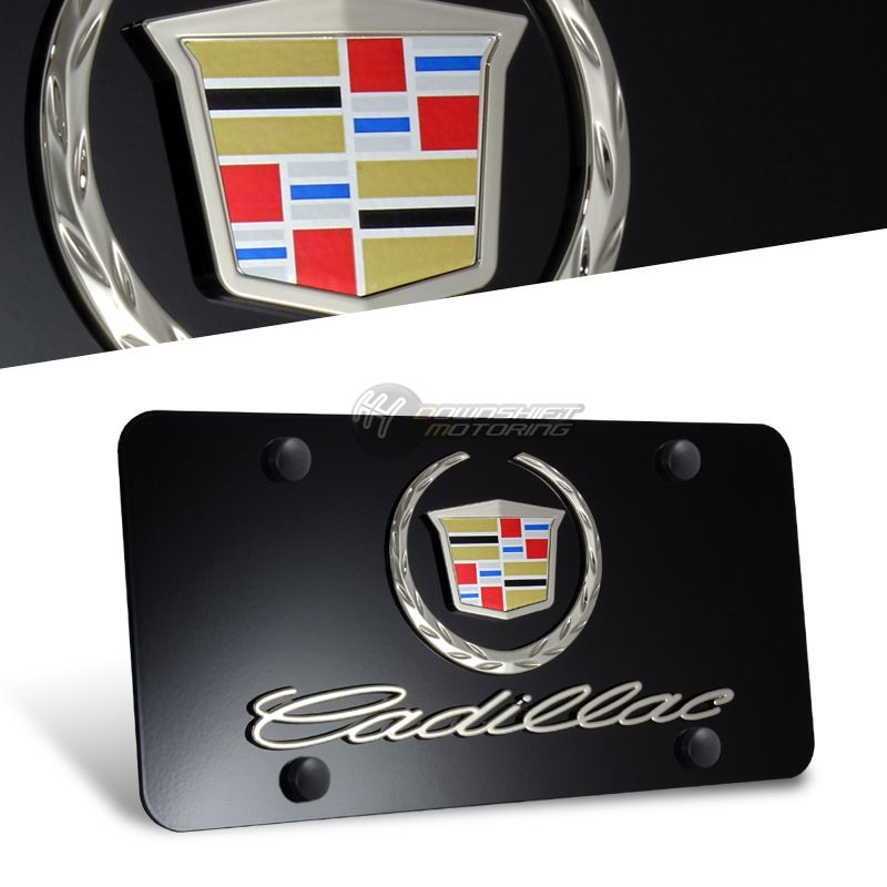 3D Black Pearl Cadillac Logo Front Stainless Mirror Steel License Plate Frame