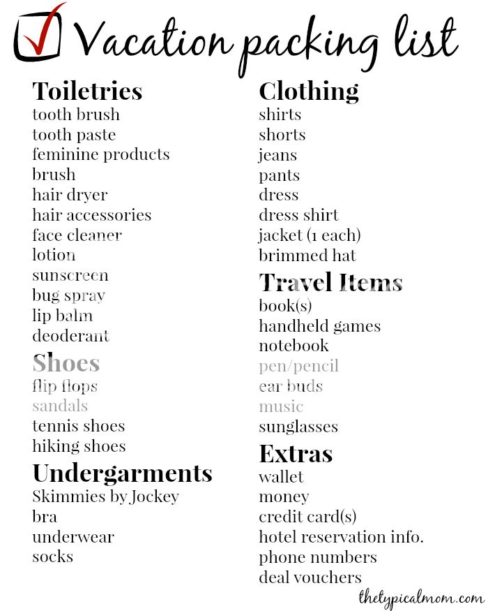 Vacation packing list 